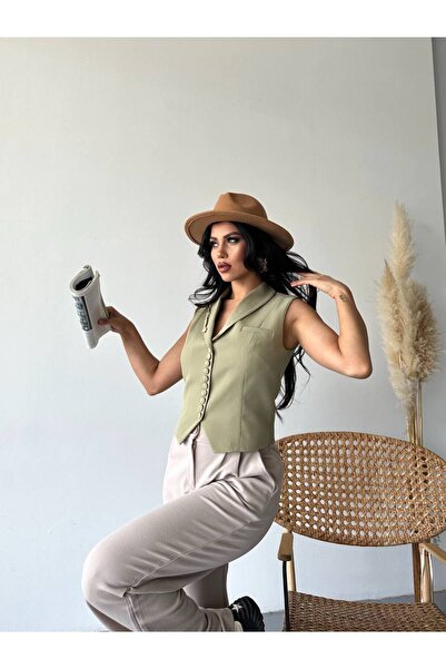 ZF BUTİK Blazer Vest Jacket with Button Detail at the Collar