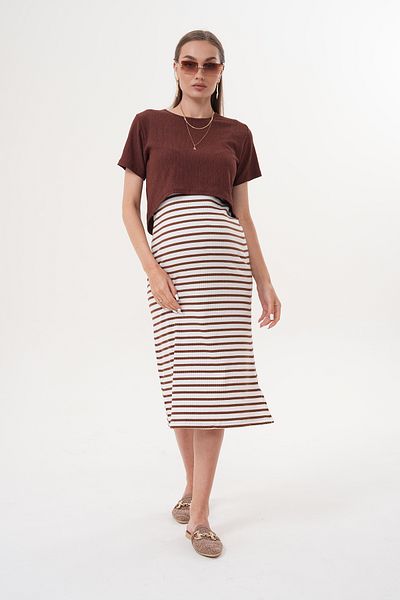 Miss Dünya Lissa Short Sleeve Striped Ribbed Camisole Maternity and Maternity T-Shirt Dress Set