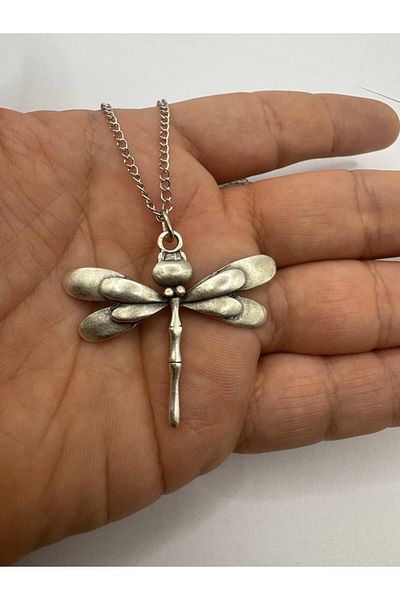 Herşey Nota Silver Color Unisex Metal Necklace with Dragonfly Figure – Elegant and Meaningful Design – 60 cm Chain
