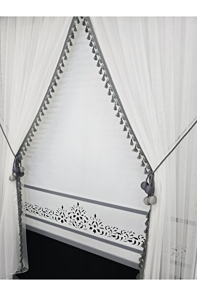 Art Perde Double-Breasted Tulle Curtain 4 Balls Ornamental Rope Included Gray Tassel Tight Pleat 1/3
