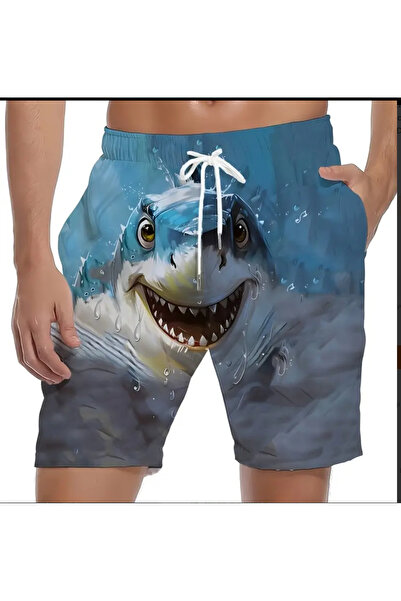 kargasa Büyük Beden Köpekbalığı Desenli Mayo - Mavi ve Beyaz Rahat Plaj ve Havuz Kenarı Rahat Şortl