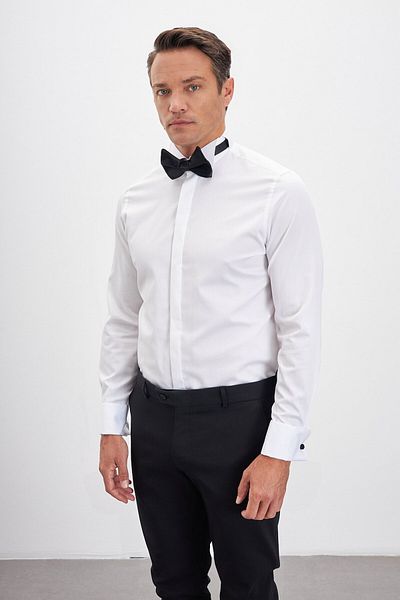 Paşahan Ata Collar Hidden Button 100% Cotton Comfort Fit Tuxedo Shirt