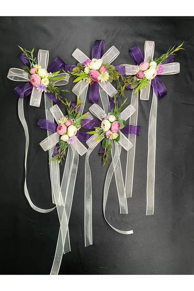 Hobi Stok 5'li Gelin Bohça Süsü, Pembe Yapay Çiçek ve Mor Organze Kurdeleli Ç...