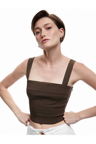 Koton Viscose Fabric Square Neck Thick Strap Crop Blouse