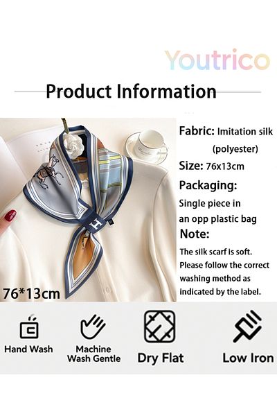 Youtrico Silk Scarf with Pony Perforated Diagonal Design 76*13cm Versatile Korean Style Fashion