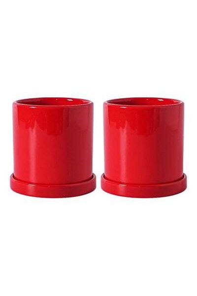 HALAMODO 2pcs Cylindrical Tabletop Ceramic Flowerpots Plant Pot With Tray For Home Balcony Red 11x11x11cm