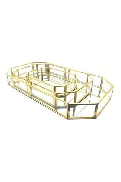 HALAMODO 3-Piece Metal and Glass Serving Tray Golden/Clear 42 x 23 x 5cm