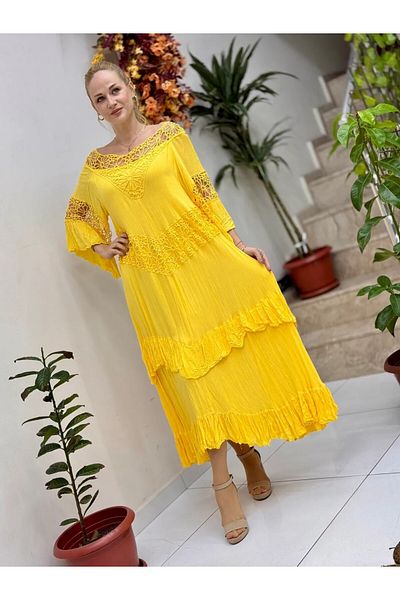 Punta Otantik Vl12008 Collar Detail Voile Dress Yellow