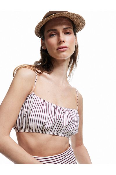 Koton X Melis Ağazat - Gabardine Gathered Striped Square Neck Crop Blouse with Rope Strap