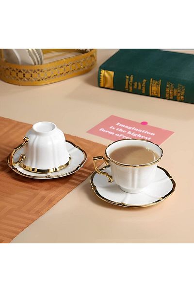 COOYA Ceramic coffee cup set,exquisite design,luxurious gold rim,with cup and saucer and metal stand,white
