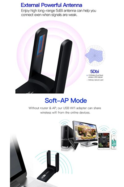 BONJUX 1300 Mbps Dual Band USB 3.0 Kablosuz Wifi Adaptör Kablosuz Wifi Alıcı 2.4ghz 5ghz Windows 7/8/10/11