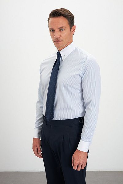 Paşahan Comfort Fit Striped 100% Cotton Men's Shirt with Lapel Pin