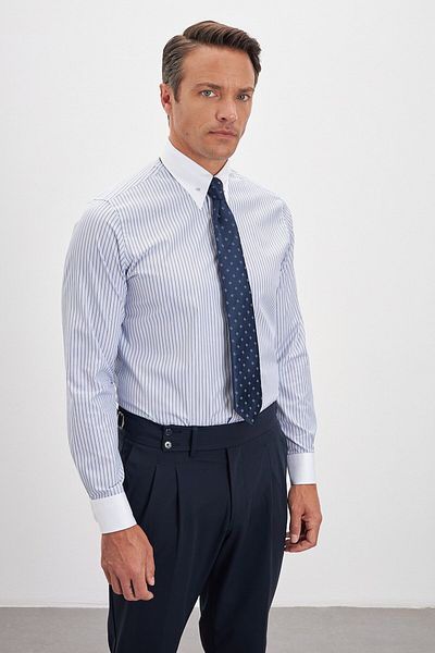 Paşahan Comfort Fit Striped 100% Cotton Men's Shirt with Lapel Pin