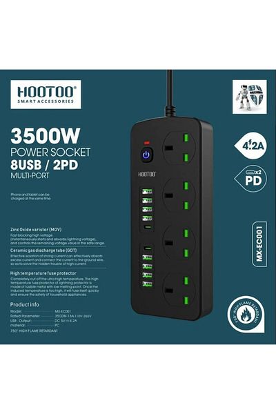 HooToo Hootoo Powerful 3500W Extension Cord 3 Meter - Black