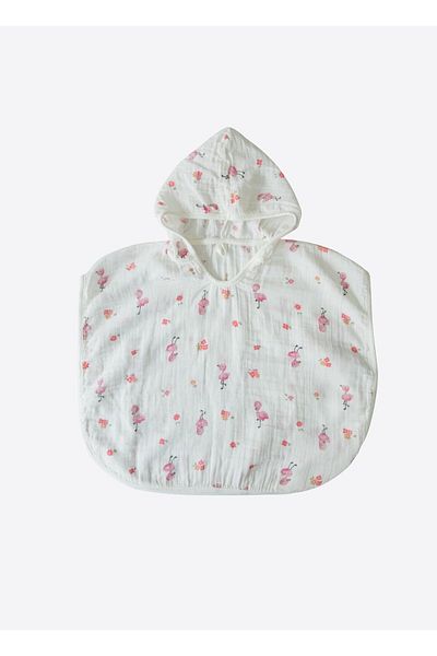 kitikate Organic Flamingo Girl Muslin Poncho Bathrobe White