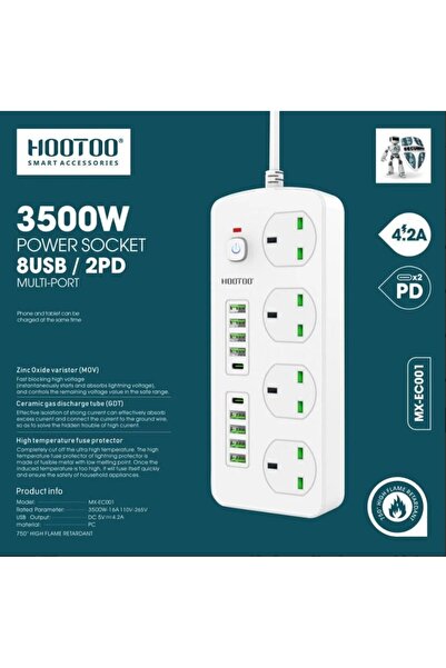 HooToo منفذ طاقة توصيلة قوي 3000w بطول 3 متر - ابيض