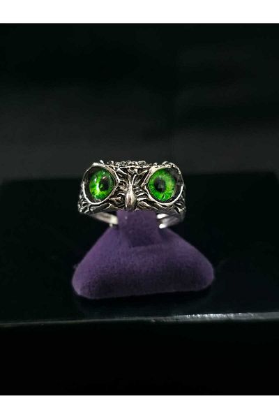 sarıyer silver Owl Model Green Eye Embroidered Adjustable Size Stylish Design Steel Ring