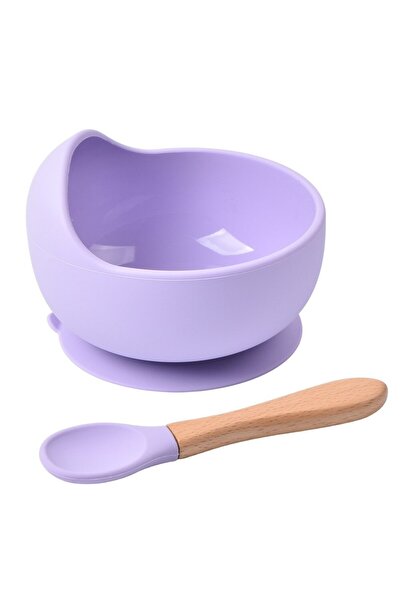 OEM Set bowl made of silicone with anti-slip suction cup and bamboo spoon, lilac, 350 ml