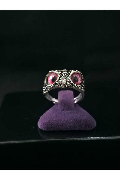 sarıyer silver Owl Model Pink Eye Embroidered Adjustable Size Stylish Design Steel Ring
