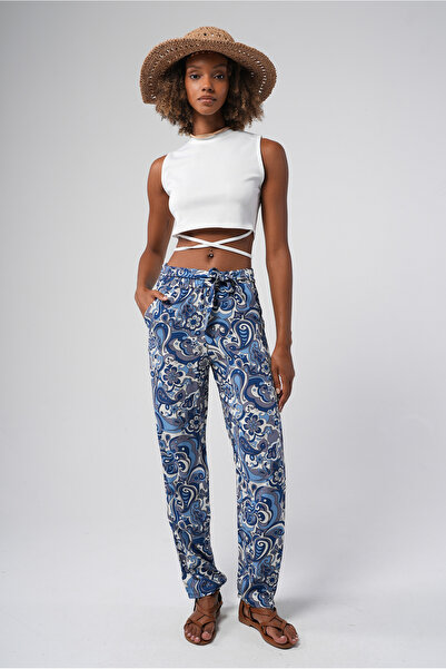 Hopoi Kadın Beli Kuşaklı Geometrik Desen Straight Pantolon