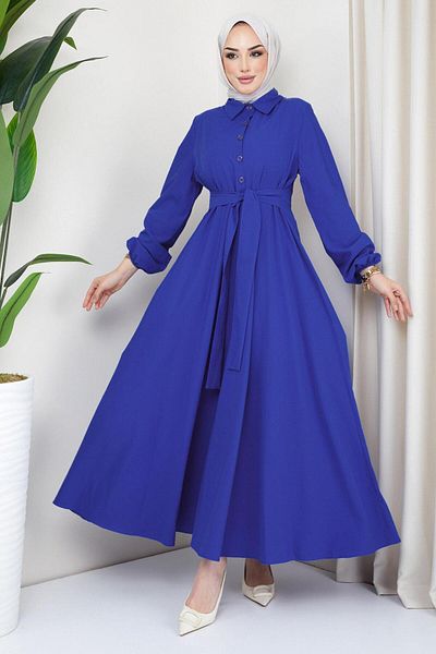 hafsamina Belted Mevlana Dress Blue Hm2105