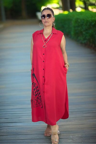 yagmurberen Front to Back Buttoned Figure Printed Jopone Sleeve (Sleeveless) Cotton Viscosin Large Size Summer Dress