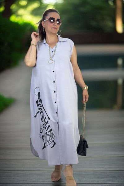 yagmurberen Front to Back Buttoned Figure Printed Jopone Sleeve (Sleeveless) Cotton Viscosin Large Size Summer Dress