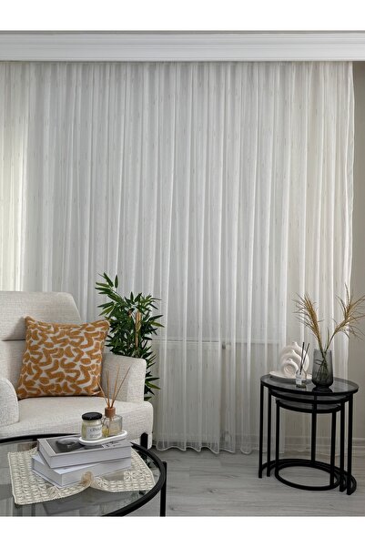 Nebumu Ekru Zincir Desen Altın İşlemeli Tül Perde Sık Pile Ağır Gramajlı Şantuk