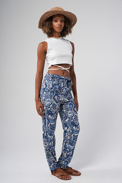 Hopoi Women's Waist Belted Geometric Pattern Straight Trousers