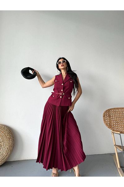 ZF BUTİK Gold Button Detailed Skirt Pleated Suit Burgundy