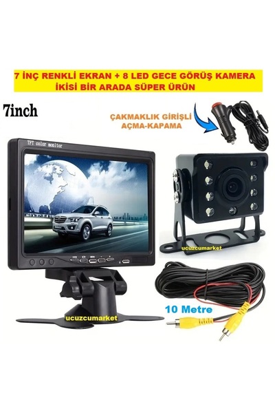 Kalite 7 INÇ RENKLİ + 8 LED GERİ GÖRÜŞ KAMERA SETİ (ÇAKMAK GİRİŞ AÇ/KAPA - 10 METRE KABLO)