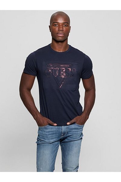 Guess Crew Neck Patterned Navy Blue Men's T-Shirt M5Ri62K9Rm1G7V2 Bsc Guess Triangle