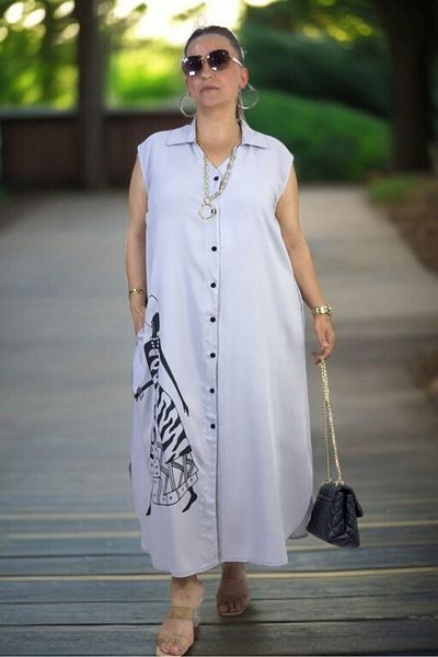 yagmurberen Front to Back Buttoned Figure Printed Jopone Sleeve (Sleeveless) Cotton Viscosin Large Size Summer Dress