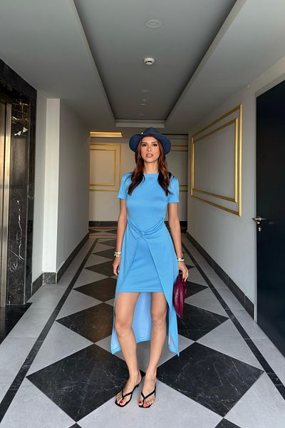 moda poni Elegant Short-Long Cut Waist Tie Dress