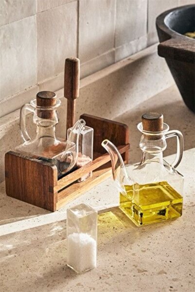 Bayev Carre Wooden Stand 2-Piece Borosilicate Oil Pot and Vinegar Set Table Top Oil Pot Set