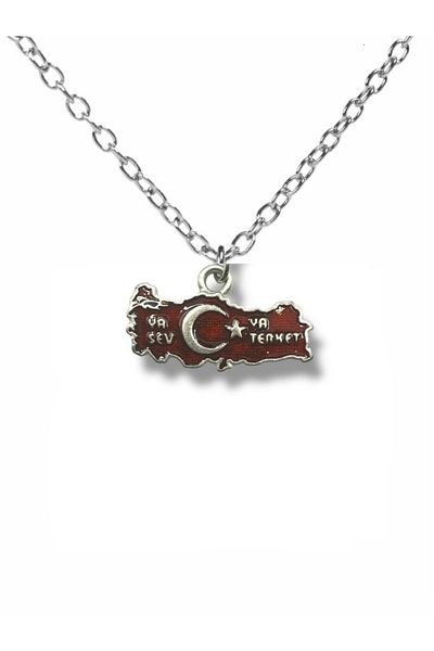 Herşey Nota Red Turkey Map and "Love or Leave" Written Metal Necklace – Design with Patriotic Message