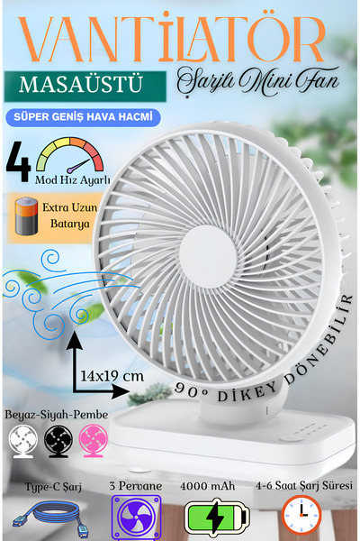 nextbuy Mini Soğutucu Vantilatör Type-C Şarjlı Masa Üstü Fan Taşınabilir 4 Mod Hız Ayarlı Pervane