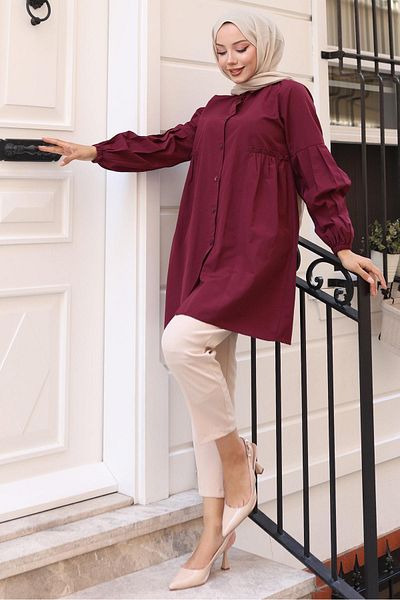 hafsamina Gathered Detailed Balloon Sleeve Shirt Burgundy Hm2763