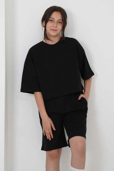 HayKids Kız Çocuk İki İplik Kumaş Bisiklet Yaka Şortlu Takım