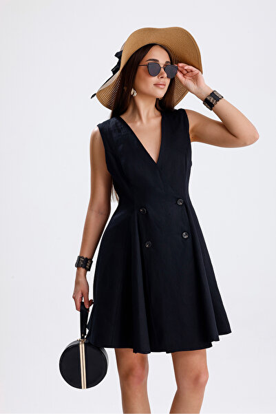 COLLECTİON Milena %100 Keten Mini Astarlı Düğme Detaylı Elbise