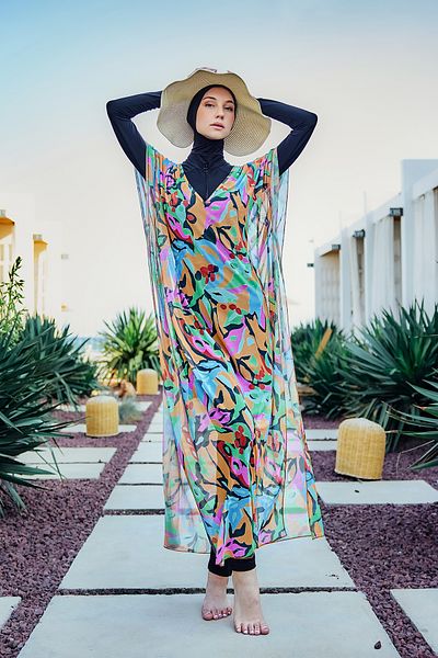 Remsa Mayo Remsa Patterned Single Kaftan Pareo on Hijab Swimsuit 430-308 Orange
