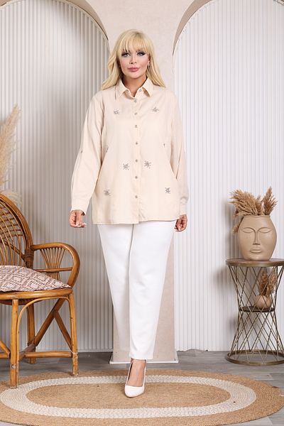 JESSE STORY Women's Beige Stone Design Large Size Shirt