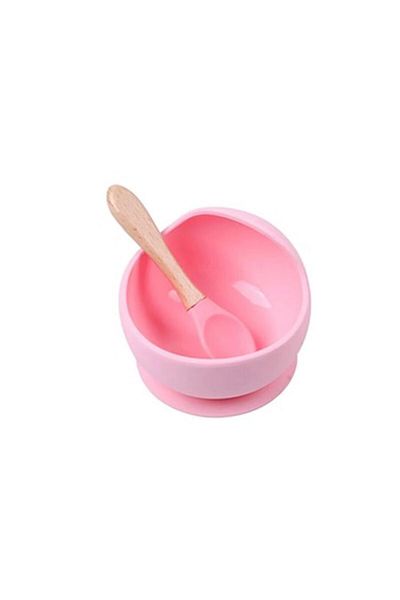 OEM Silicone Bowl with Anti-Slip Suction and Bamboo Spoon, Pink, 350 ml