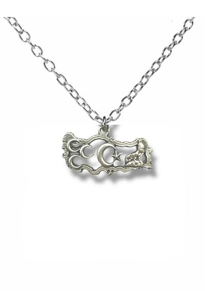 Herşey Nota Three Crescent Moon Star Silver Color Unisex Necklace with White Wolf and Turkey Map Figure - Turkish Motif Design