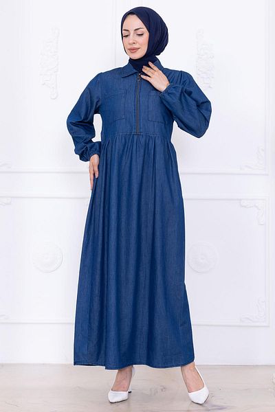 hafsamina Τζιν φόρεμα με μισή τσέπη με φερμουάρ HM2773 Σκούρο Μπλε
