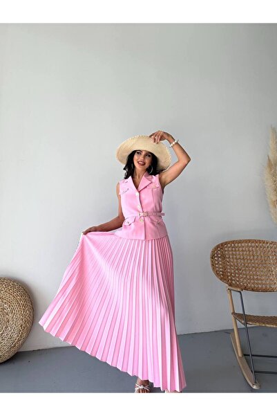 ZF BUTİK Gold Düğme Detaylı Etekli Piliseli Takım Bordo