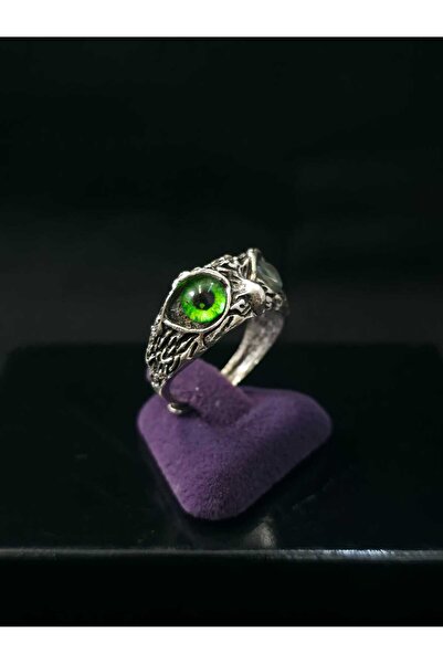 sarıyer silver Owl Model Green Eye Embroidered Adjustable Size Stylish Design Steel Ring