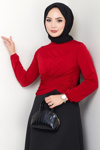 hafsamina Crew Neck Gathered Sandy Blouse Red Hm2765