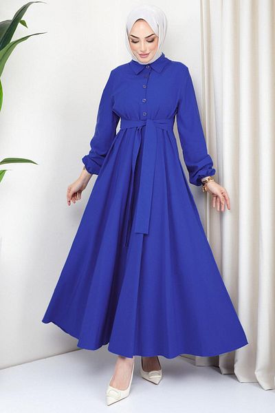 hafsamina Belted Mevlana Dress Blue Hm2105