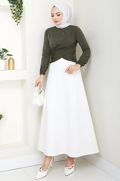 hafsamina Μπλούζα με λαιμόκοψη με κορδόνια Sandy Khaki HM2765